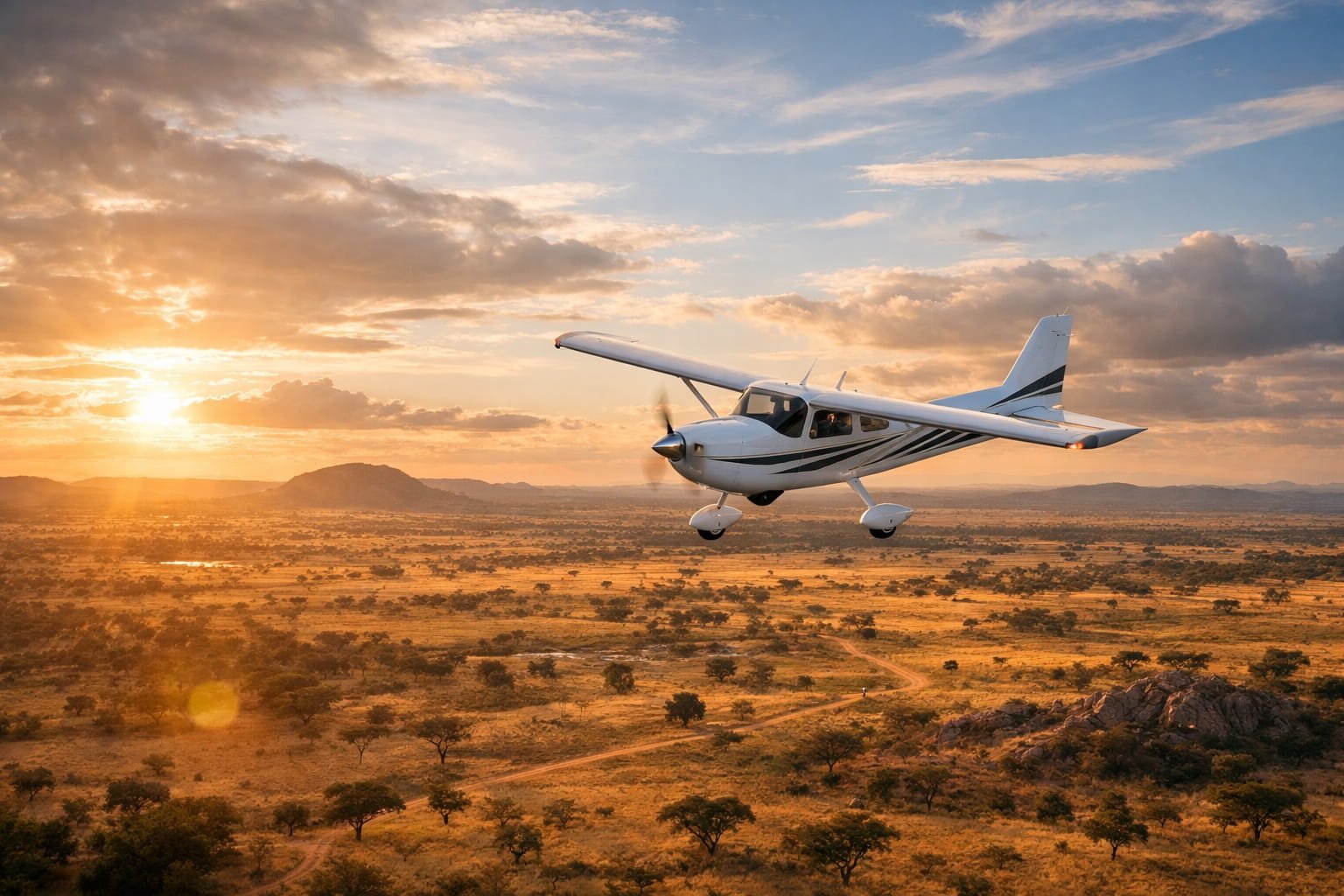 Cessna survolant la savane ivoirienne au coucher de soleil